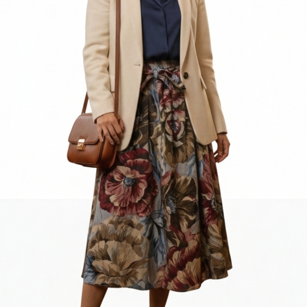 Vintage Floral Academia A-Line Midi Skirt L